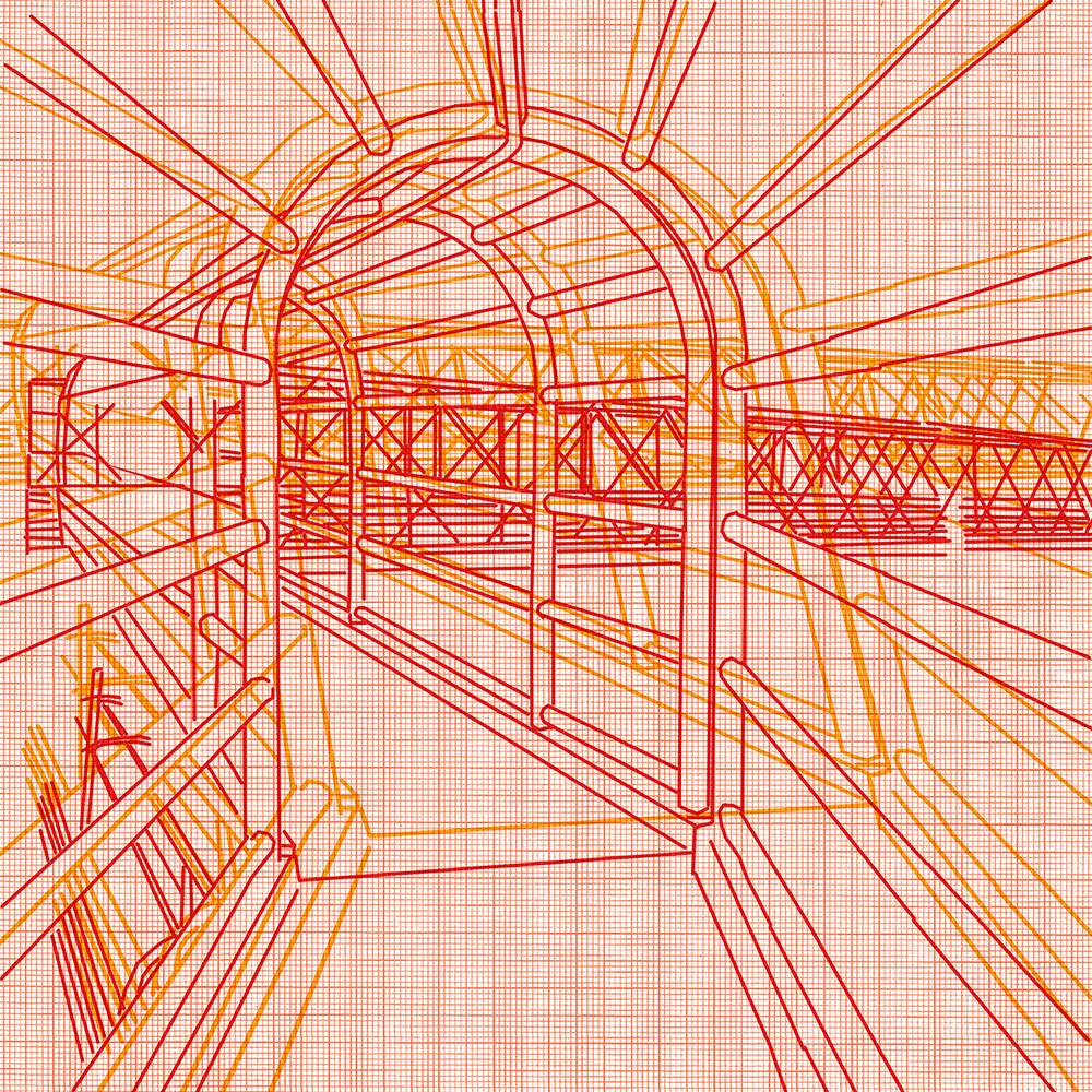 red line architectural drawing of the Buenavista Footbridge