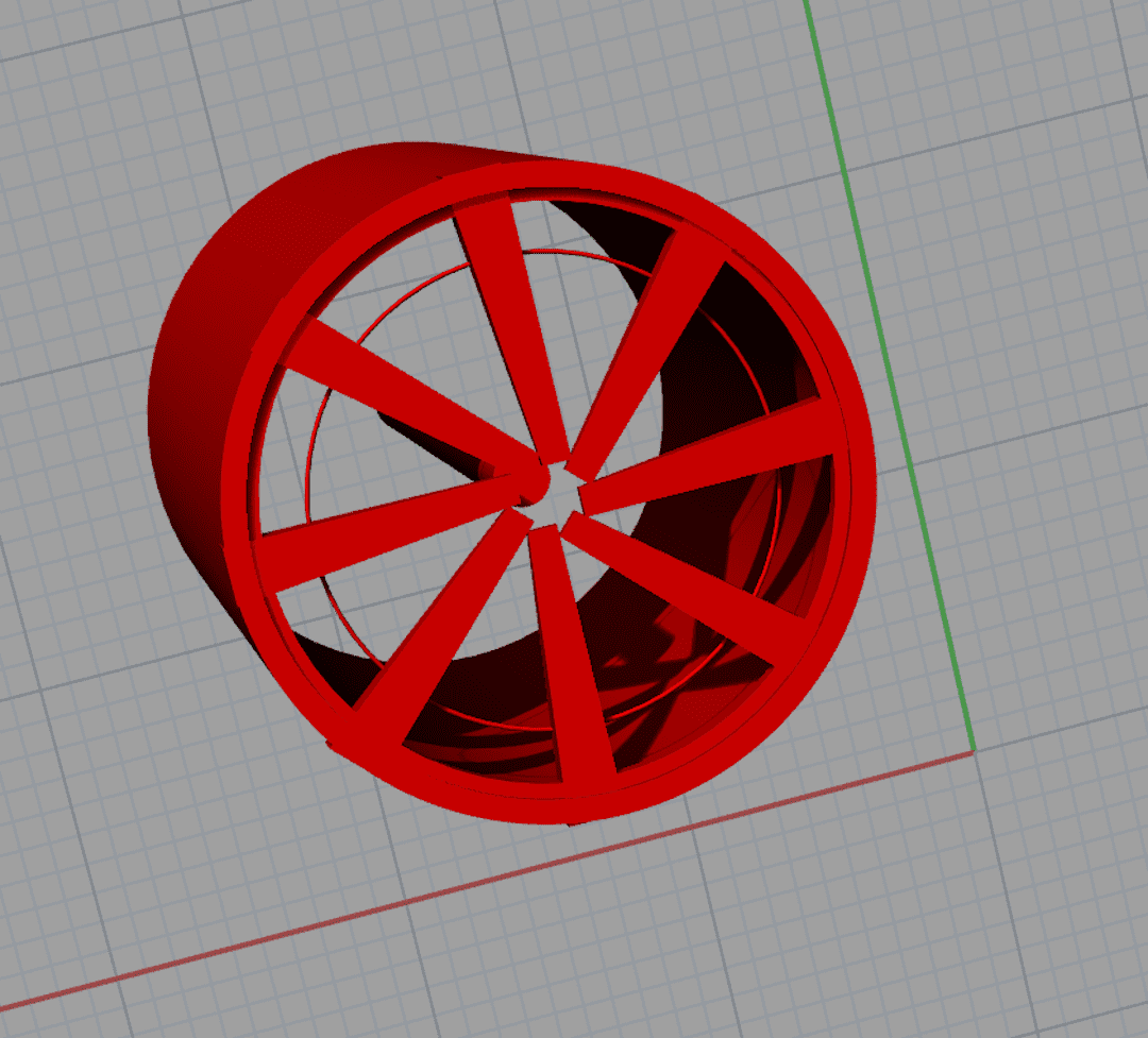 bottom view of 3D red wheel and rod