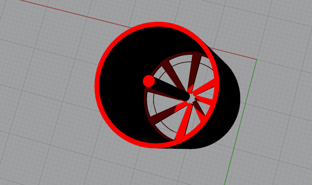 top view of 3D red wheel and rod