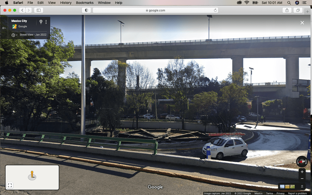 Google maps street view of a large flat wheel beside an overpass